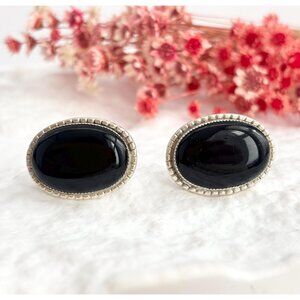 Black Onyx Minimalist Oval Shaped Sterling Silver 925 Screw Back Stud Earrings